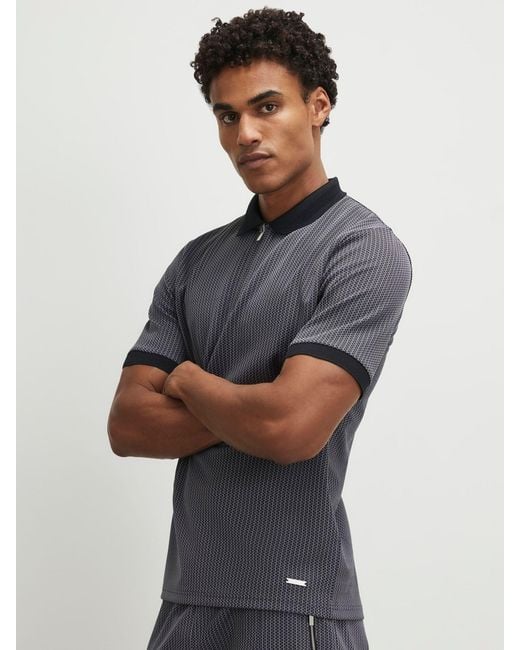 River Island Men's Gray Slim Fit Jacquard Zip Polo Shirt
