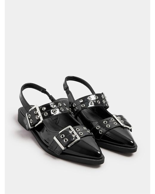 Yours Curve Black Wide Fit Flat Point Buckle Patent Shoes