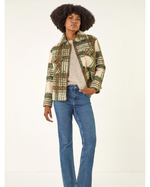 Roman Green Check Print Button Borg Jacket