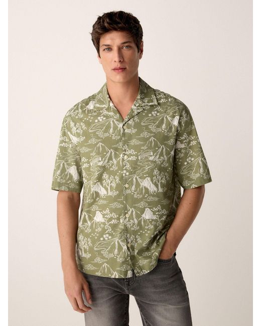 Next Green Western Style Printed Short Sleeve Shirt With Cuban Collar for men