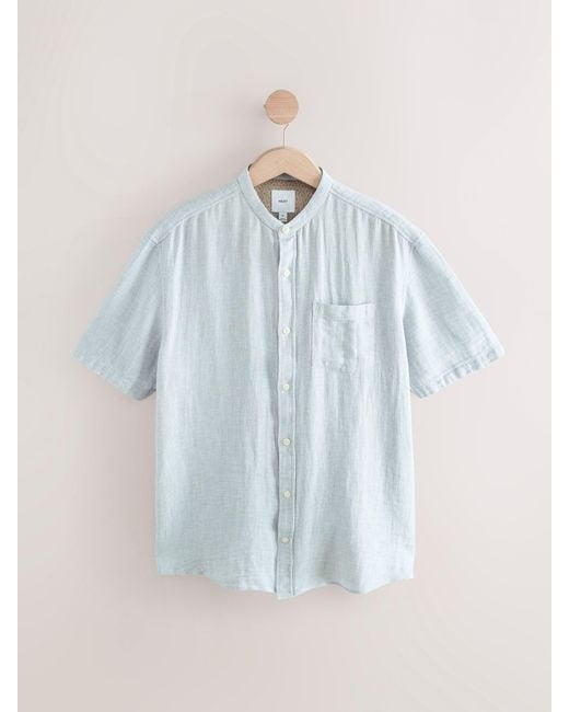 Next Blue Grandad Collar Cotton Linen Blend Short Sleeve Shirt for men