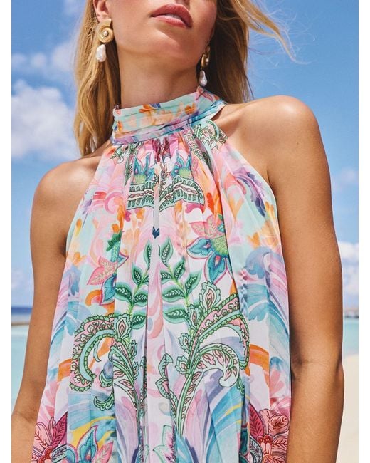 Lipsy Blue Printed Halter Neck Mini Shift Dress