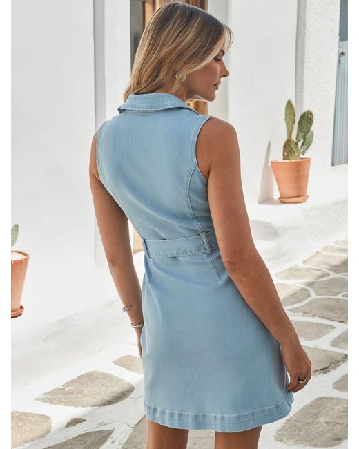 Sosandar Blue Sleeveless Belted Denim Dress