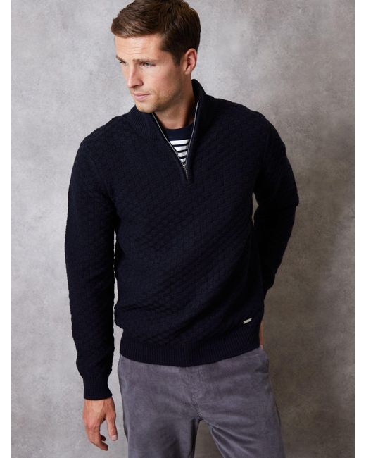 Threadbare Blue Textured Quarter Zip Jumper With Wool for men
