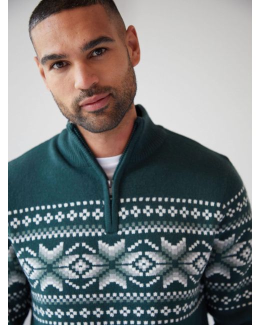 Threadbare Weihnachtsstrickpullover Mit 1/4 Reißverschluss in Green für Herren