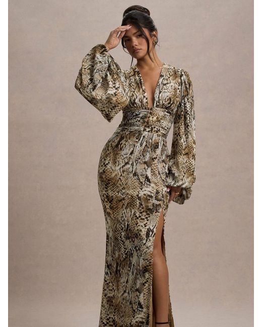 Club L London Natural Casarile V-Neck Balloon Sleeve Maxi Dress