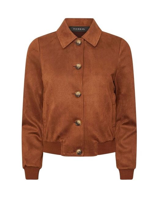 PixieGirl Petite Brown Suedette Collar Bomber Jacket