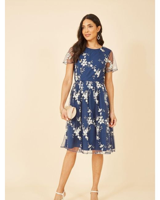 Yumi' Blue Embroidered Floral Skater Dress