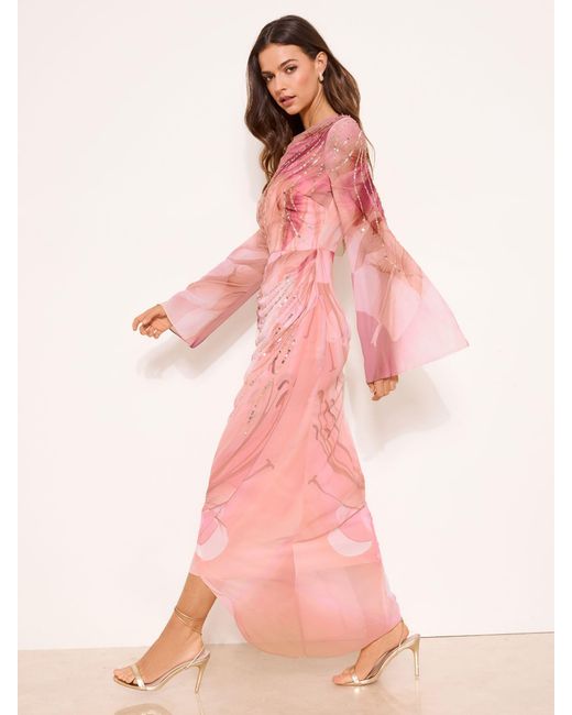 Lipsy Printed Embellished Flare Sleeve Maxi Dress in Pink | Lyst