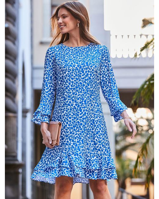 Sosandar Blue Ditsy Floral Print Ruffle Hem Shift Dress