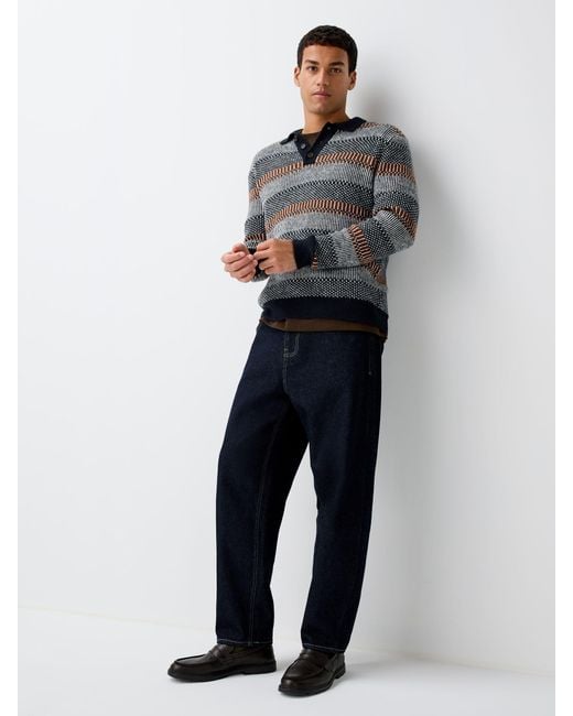 Next Blue Regular Fit Stripe Long Sleeve Knit Polo Shirt for men