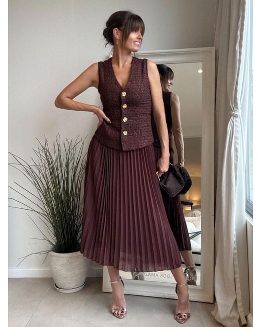 Style Cheat Brown Waistcoat Pleated Midi Dress