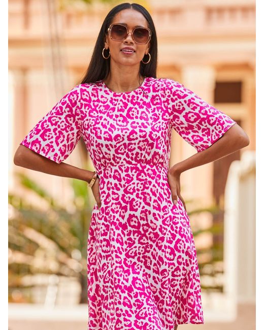 Sosandar Pink Animal Print Fluted Sleeve Fit And Flare Dress