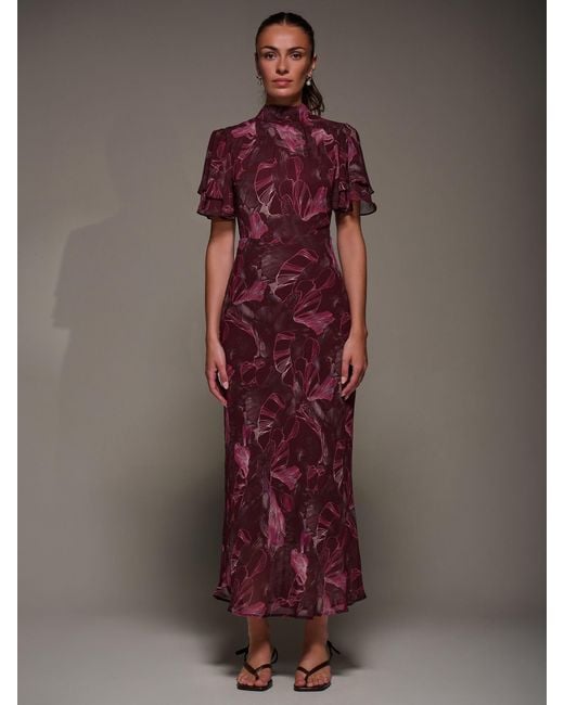 Jolie Moi Red High Neck Angel Sleeve Chiffon Maxi Dress