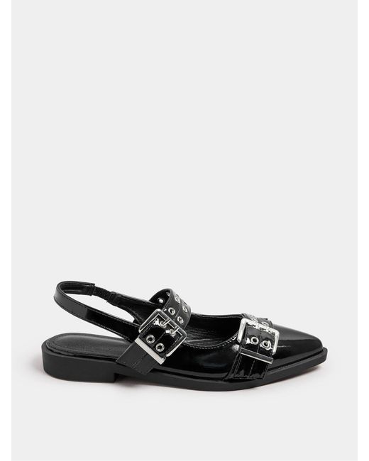 Yours Curve Black Wide Fit Flat Point Buckle Patent Shoes