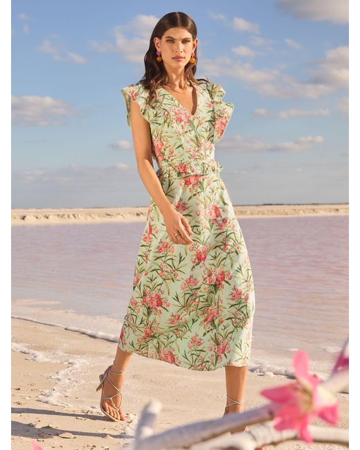 Love & Roses Blue V & A I Printed Broderie Peplum Ruffle Short Sleeve Midi Dress