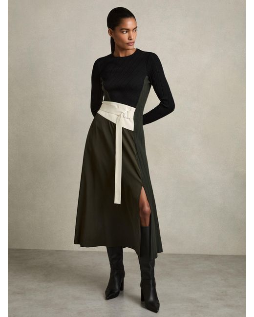 Reiss Natural Khaki & Rib Knit Belted Midi Dress