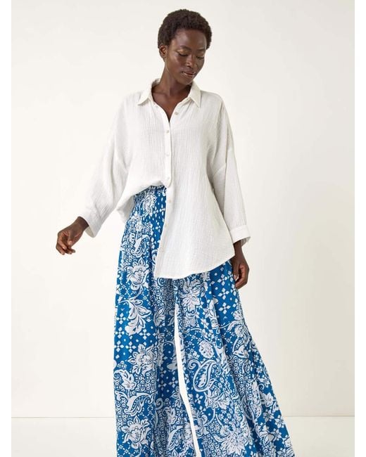 Roman Blue Printed Shirred Wide Leg Trousers