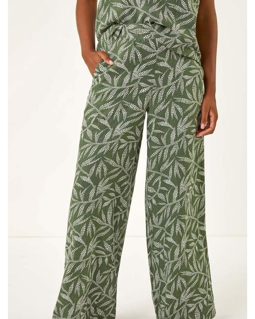 Roman Green Leaf Print Linen Mix Wide Leg Trousers