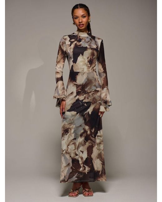 Jolie Moi Brown Ruffle Long Sleeve Mesh Maxi Dress