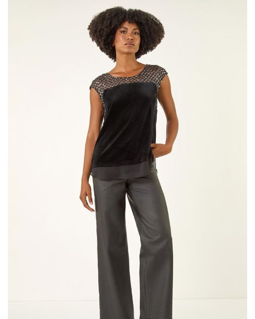 Roman Black Velvet Sequin Mesh Blouse