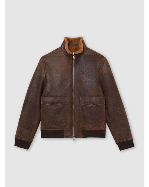 Reiss Brown Peveral Shearling Zip-Through Leather Jacket for men