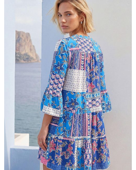 Roman Blue Patchwork Print Swing Dress