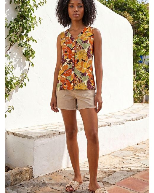 Roman Orange Leaf Print Button Blouse