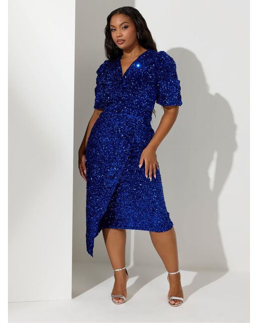 White Sequin Puff Sleeve Dress Outfit Ideas Sequin Dress For Christmas  Party YOURS LONDON Plus Size Blue Sequin Velvet Wrap Dress