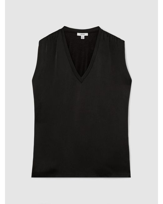 Reiss Black Silk-Front V-Neck Sleeveless Top