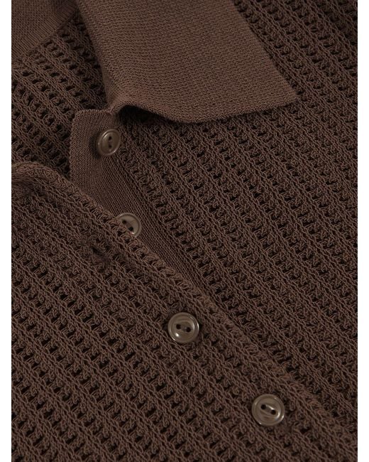 Reiss India - Chocolate Brown Open-knit Long-sleeve Polo Top, Medium