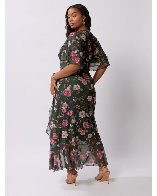 Yours Curve Green London Wrap Ruffle Mesh Dress