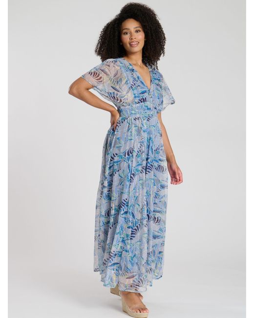South Beach Blue Printed Metallic Chiffon Button Detail Maxi Dress