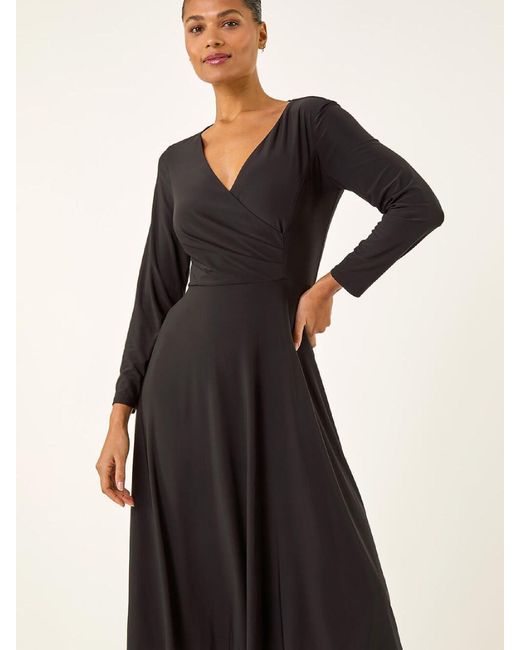 Roman Women's Black Wrap Bodice Tie Waist Midi Dress