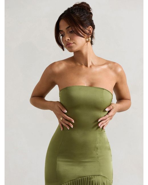 Club L London Green Confidence Satin Bandeau Pleated Split Maxi Dress