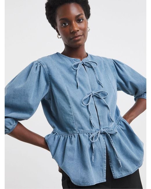 JD Williams Blue Peplum Puff Sleeve Denim Top