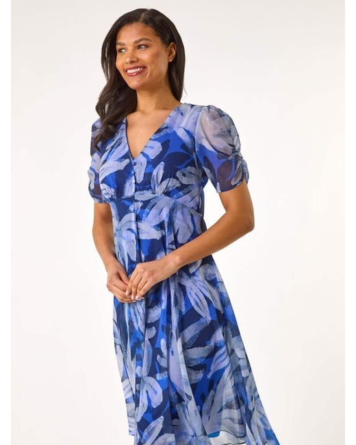 Roman Blue Abstract Painted Floral Print Hanky Hem Dress