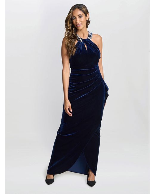 Gina Bacconi Blue Naomi Beaded Velvet Halter Neck Maxi Dress