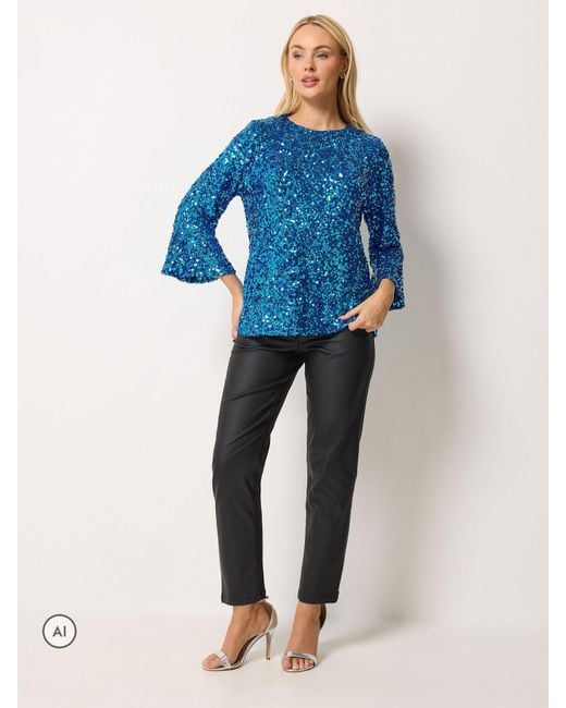 M Com Blue Sequin Flute Top