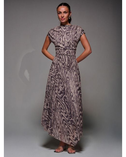 Jolie Moi Gray Asymmetrical Draped Slash Neck Midaxi Dress