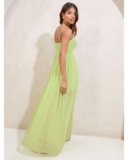 Lipsy Green Embellished Strap Ruched Mesh Maxi Dress