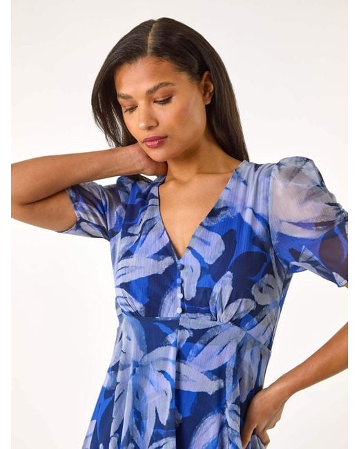 Roman Blue Abstract Painted Floral Print Hanky Hem Dress