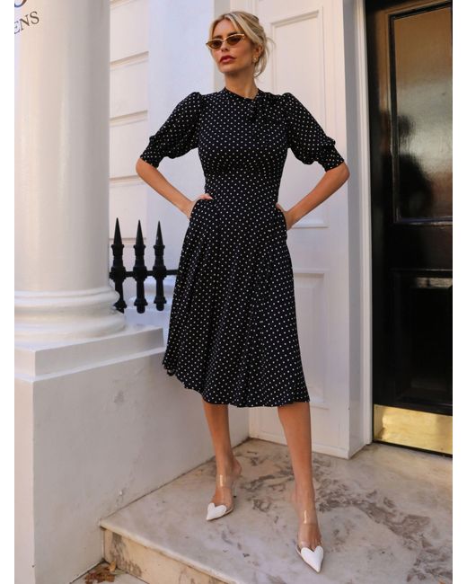 Jolie Moi Women's Black Tie Neck Puffy Sleeve Jersey Midi Dress -  www.benaras.co