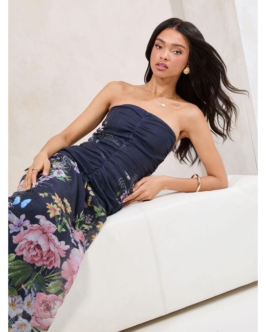 Lipsy Blue Ruched Front Bandeau Midi Dress With Removable Straps