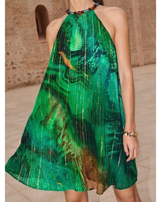 snake print dress green Spandex Woman Animal Scales Pattern Fitted Halloween Cosplay Costume Tank Bodycon Sleeveless shaped metal detail at chest Mini Dress Sasha | Green