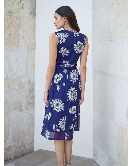 Yumi' Blue Floral Print Stretch Mesh Dress With Pockets