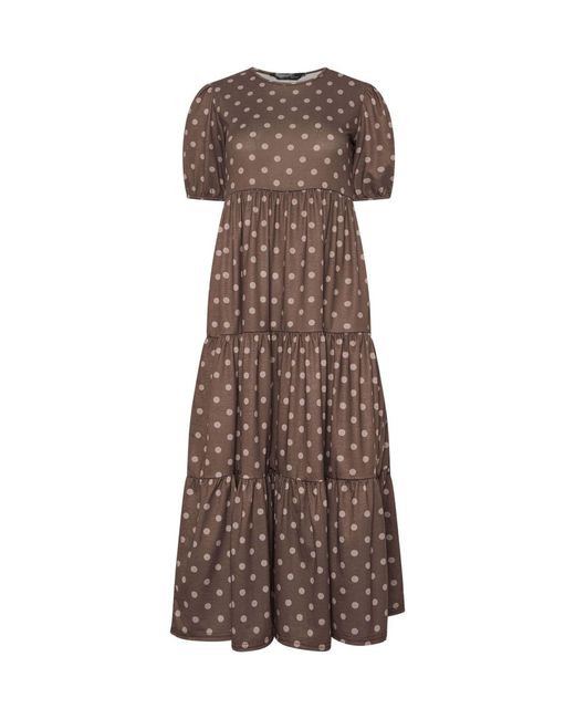 PixieGirl Petite Spot Tiered Midi Dress in Brown | Lyst