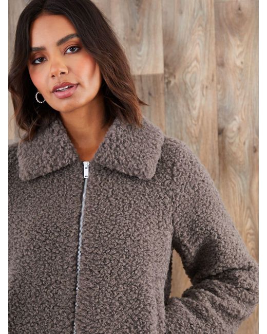 Threadbare Gray Collared Zip-Up Borg Bomber Jacket