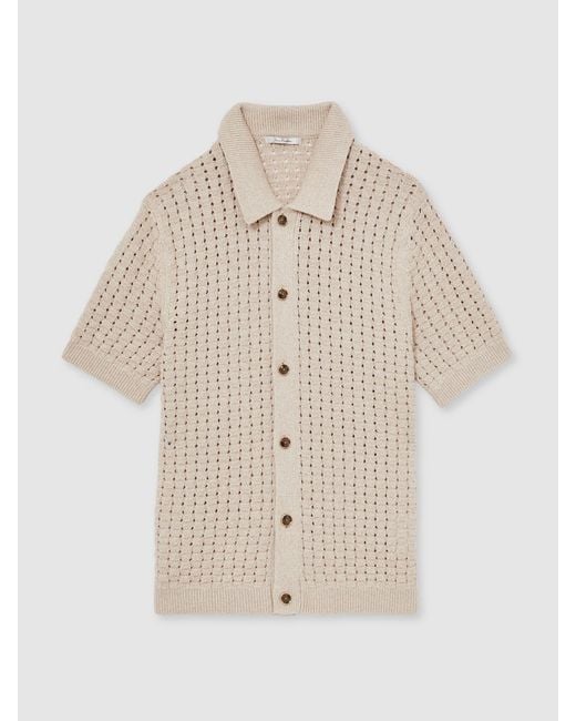 Reiss Brown Basketweave Knit Button Through Cotton Blend Shirt for men