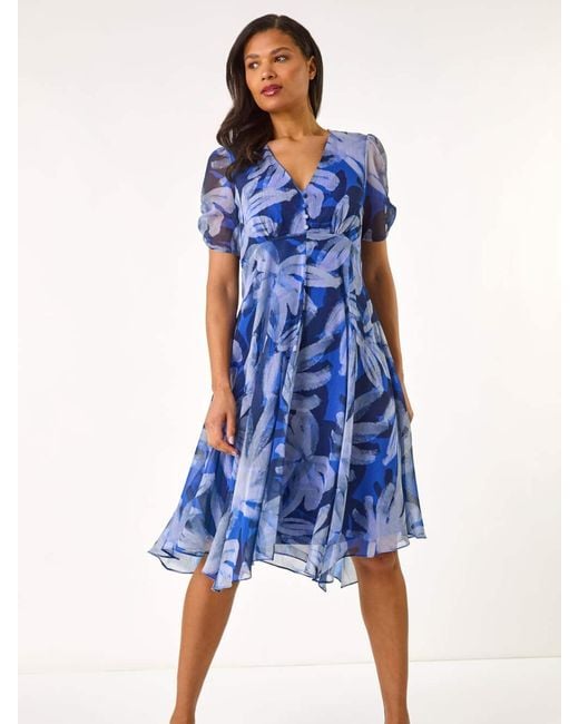 Roman Blue Abstract Painted Floral Print Hanky Hem Dress